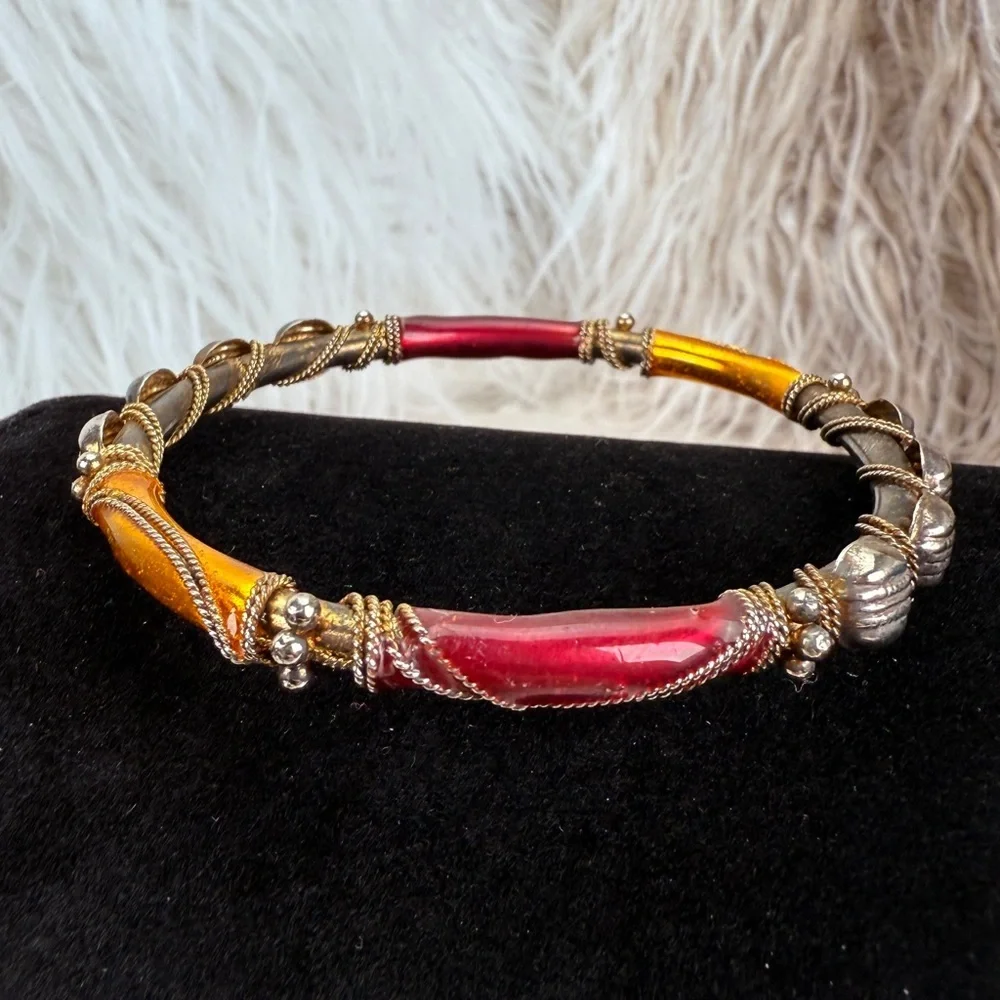 Vintage aged Goldtone and Red Bangle Bracelet